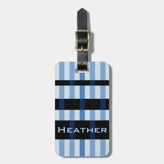 Ihr Name und moderne blaue schwarze Streifen Gepäckanhänger (Vorderseite vertikal)