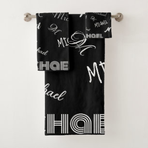Ihr Name und Monogramm individuelles Muster schwar Badhandtuch Set