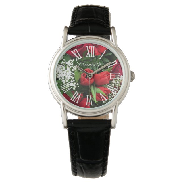 Ihr Name und Romantische Blüte Armbanduhr (Vorderseite)