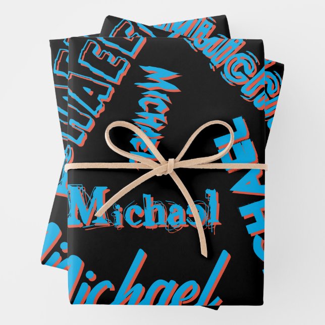 Ihr Namensmuster monogramm blaue schwarze Farbe Geschenkpapier Set (Beispiel)