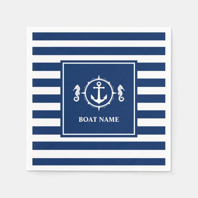 Ihr Seepferd Name Ihres Bootes Anker Blaue Streife Serviette (Vorderseite)