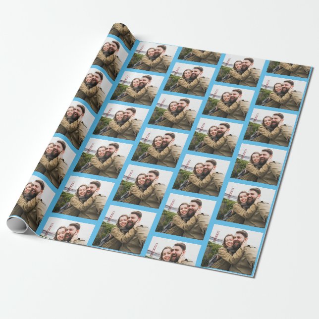 Ihr Single Foto Muster auf Blau Personalisiert Geschenkpapier (Ungerollt)