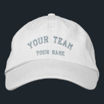 Ihr Team bestickt mit White/Baby Blue Cap Template Bestickte Baseballkappe<br><div class="desc">Eine weiße,  stufenlos verstellbare bestickte Kappe mit einer Baby-blauen Team-Textvorlage.</div>