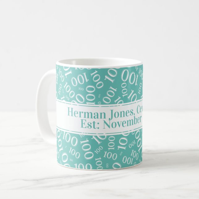 Ihr Text: 100. Geburtstag Zahlenmuster Aquamarin Kaffeetasse (Vorderseite Links)