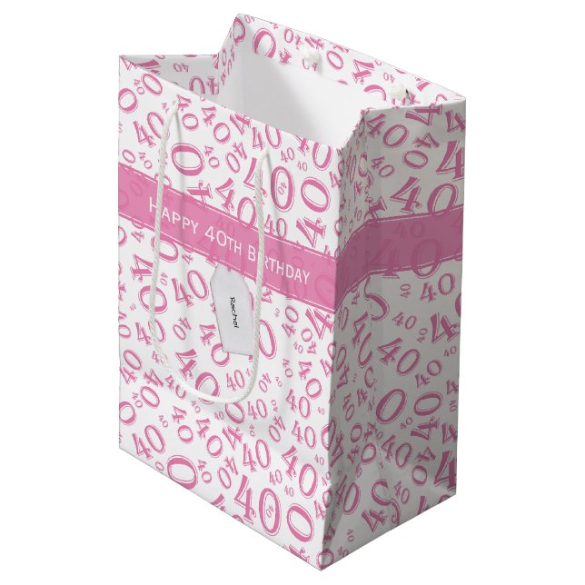 Ihr Text: 40. Rosa Zufallszahlenmuster Mittlere Geschenktüte (Vorderseite Schrägansicht)