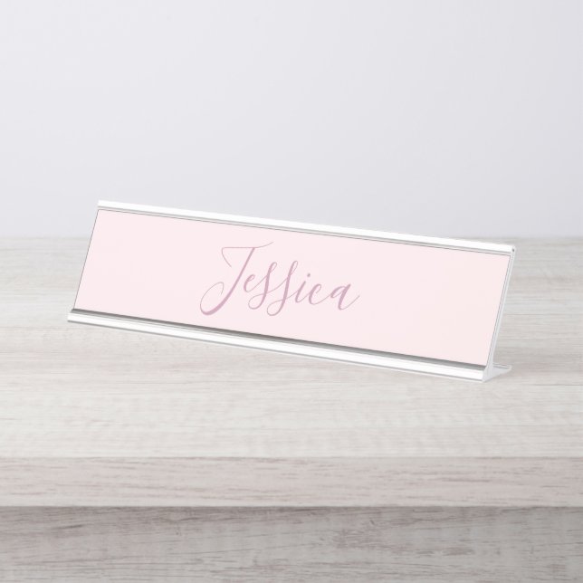 Ihr Text | Elegantes Skript & Soft Blush Pink Schreibtischnamensplakette (Vorderseite )