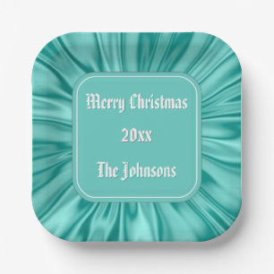 Ihr Text: "Frohe Weihnachten" Aqua Ruched Satin Pappteller
