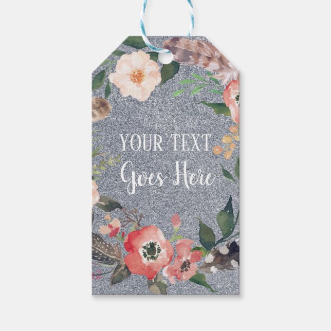 Ihr Text Vintager Blumenreath Silver Glitzer Geschenkanhänger (Vorderseite)