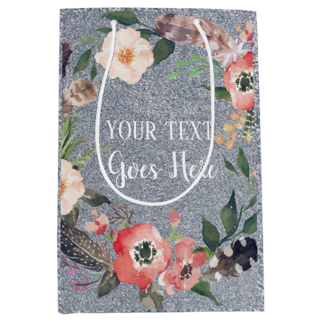 Ihr Text Vintager Blumenreath Silver Glitzer Mittlere Geschenktüte (Vorderseite)