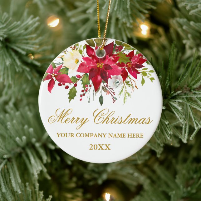 Ihr Unternehmen Aquarell Red Poinsettia Floral Gol Keramik Ornament (Baum)