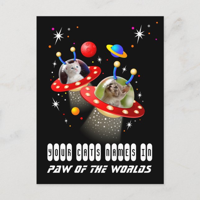 Ihre 2 Katzen in einer Alien Raumschiff UFO Sci Fi Postkarte (Vorderseite)