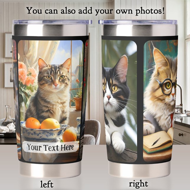 Ihre 3 Cat Fotos Künstlerisch Thermobecher (Insulated thermal tumbler featuring your own 3 photos. You can also leave the artistic cat images)