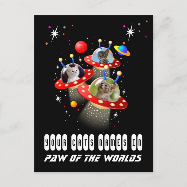 Ihre 3 Katzen in einer Alien Raumschiff UFO Sci Fi Postkarte (Vorderseite)