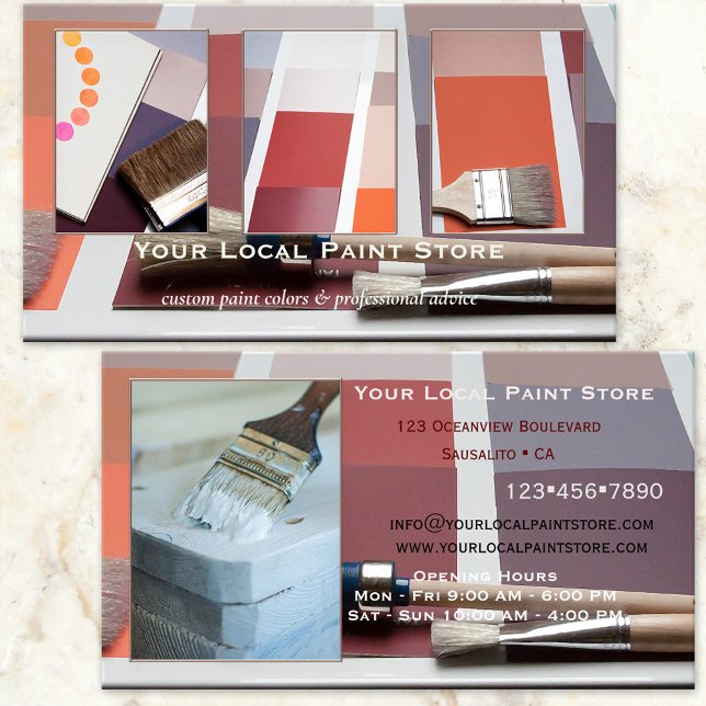 Ihre 4 Foto Paint Store Zuhause Dekoration Visitenkarte (Business card featuring your photos (optional) framed by paint swatches and brushes - paint retailer)