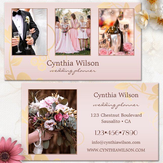 Ihre 4 Fotos Blush Gold Hochzeitsplaner Visitenkarte (Wedding planner business card - chic gold floral on feminine pink with custom photos - event planner)