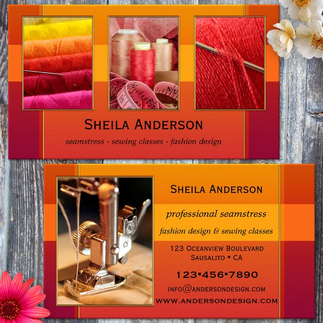 Ihre 4 Fotos Modedesign Seamstress Nähen Visitenkarte (Bold colored business card with  custom photos for a seamstress, fashion designer, tailor, crafter)