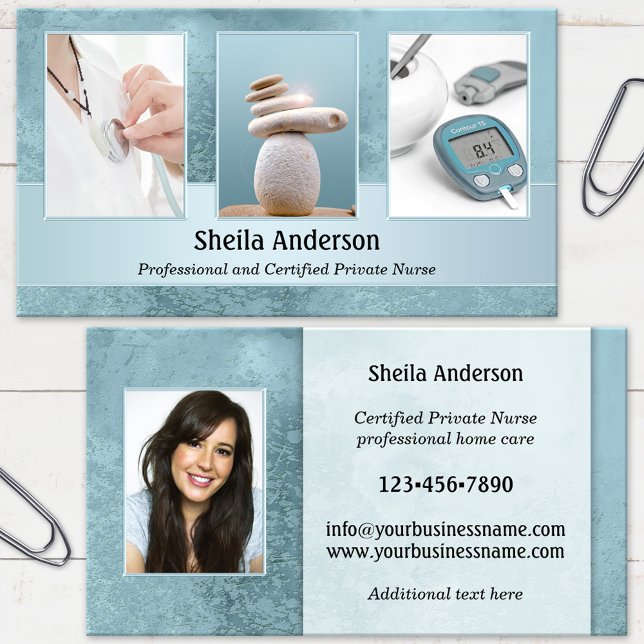 Ihre 4 Fotos private Krankenversicherungskarte Visitenkarte (Business card featuring your photos framed by an elegant blue design - medical professional - nurse)
