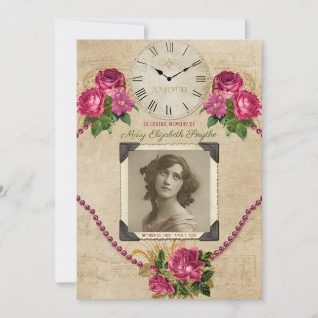 Ihre Foto-Erinnerungsservice-Rosen-Perlen-Uhr Einladung (Vorderseite)