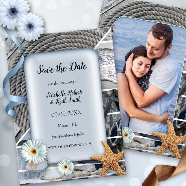 Ihre Foto Nautic Beach Save the Date Karte (Save the Date card featuring a dusty blue design with a nautical theme and your custom photo)