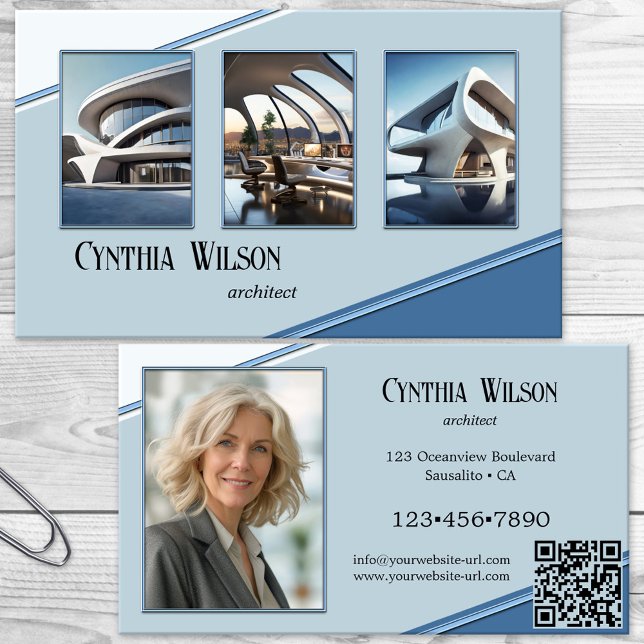 Ihre Fotos Blue Modern Architecture Visitenkarte (Business card featuring your photos framed by a modern blue geometric design - architect - design)