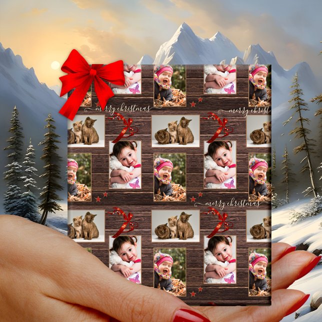 Ihre Fotos Dunkelholz Weihnachten Geschenkpapier (Christmas wrapping paper with your 3 photos on dark rustic wood with festive ribbons and stars)