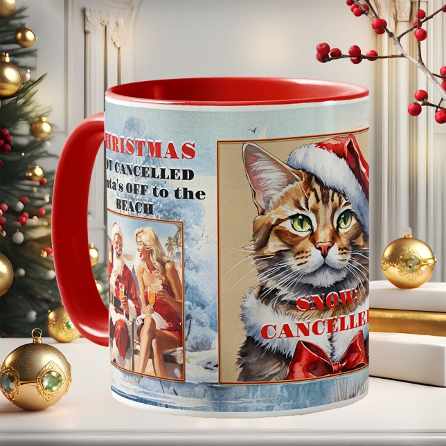 Ihre Fotos Funny Cat Weihnachten abgesagt Kaffeetasse (Funny watercolor Santa off to the beach Christmas mug - or add your own photos!)