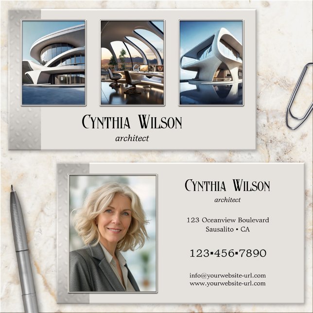 Ihre Fotos Moderne Tan Metallic Architecture Visitenkarte (Architect business card featuring your photos framed by a modern tan design with metal look strip)