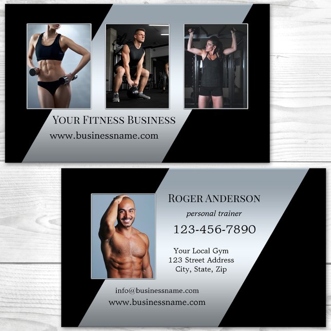 Ihre Fotos Silver Black Personal Trainer Visitenkarte (Fitness personal trainer business card featuring your photos on a black with silver modern design)