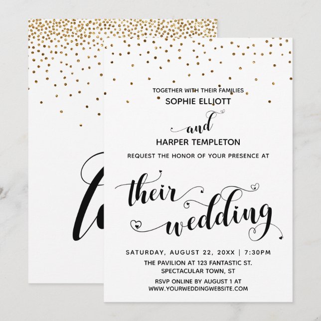 Ihre Hochzeitskalligraphie mit Herz, Gold Confetti Einladung (Vorne/Hinten)