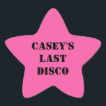 Ihre letzte Disko Cowgirl Junggeselinnen-Abschied Stern-Aufkleber<br><div class="desc">Feiern Sie Braut mit diesen lustigen Aufklebern stilvoll zu sein. Die rosa Sterne sind bereit,  um mit Ihrem Text in fett schwarzer Schablonenschrift angepasst zu werden. Sie koordinieren sich mit anderen Artikeln in meiner Disco Cowgirls Junggeselinnen-Abschied Sammlung.</div>