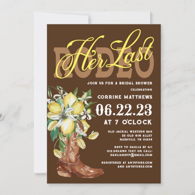 Ihre letzte Rodeo Cowgirl Boots Lemons Brautparty Einladung (Vorderseite)