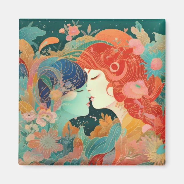 Ihre Liebe, ihr Weg | Lesbischer Kiss Art Deco Sti Magnet (Vorne)