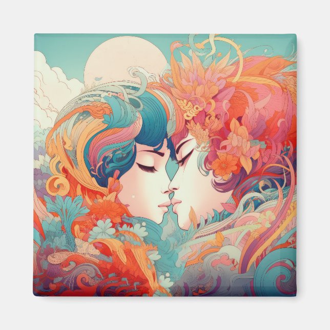 Ihre Liebe, ihr Weg | Lesbischer Kiss Art Deco Sti Magnet (Vorne)