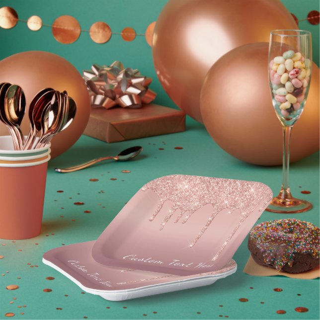 Ihre Text-Rose Gold-Blush-Glitzer Sparkeln-Tropfen Pappteller (Multi)