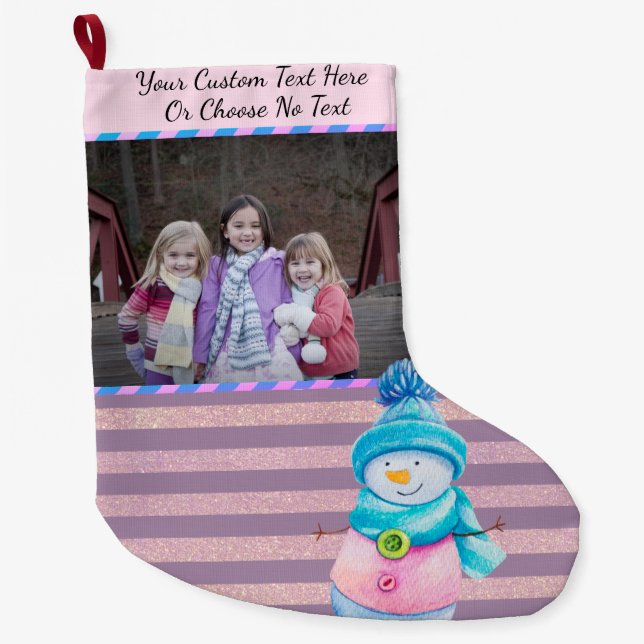IhrPic/Text Lila Rosa Rose Gold Streifen Schneeman Großer Weihnachtsstrumpf (Vorderseite)