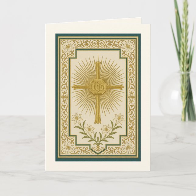 IHS Christogram Cross Lilies katholisches Elegant Karte (Vorderseite)