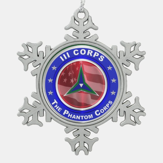 III Corps Halten Weihnachten fest Schneeflocken Zinn-Ornament (Vorderseite)