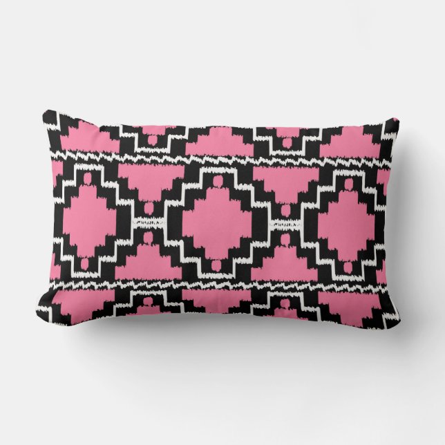 Ikat Aztec Muster - Fuchsienrosa, Schwarz und Weiß Lendenkissen (Vorderseite)