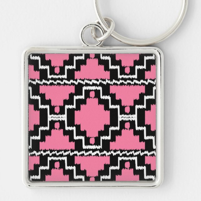 Ikat Aztec Muster - Fuchsienrosa, Schwarz und Weiß Schlüsselanhänger (Vorne)
