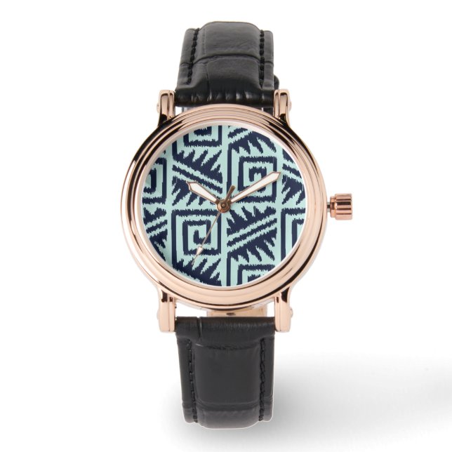 Ikat Aztec-Muster - Indizes und Lichtblau Armbanduhr (Vorderseite)