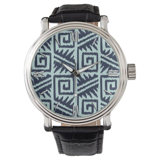 Ikat Aztec-Muster - Indizes und Lichtblau Armbanduhr (Vorderseite)