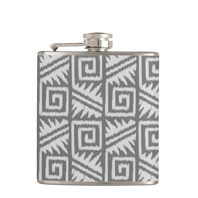 Ikat Aztec Muster - Schatten von Grau/Grau Flachmann (Vorderseite)
