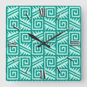 Ikat Aztec Muster - Türkis und Aqua Quadratische Wanduhr