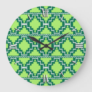 Ikat Aztec Muster - Wälder und Zitronen grün Große Wanduhr