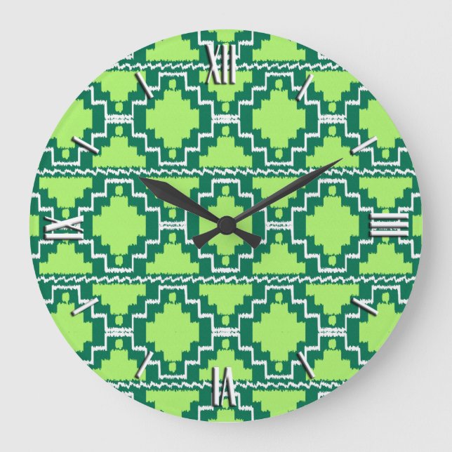 Ikat Aztec Muster - Wälder und Zitronen grün Große Wanduhr (Vorderseite)