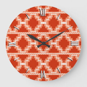 Ikat Aztec Pattern - Rust, Orange and white Große Wanduhr