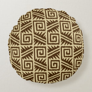 Ikat Aztec Tribal - Dunkelbraun und Beige Rundes Kissen