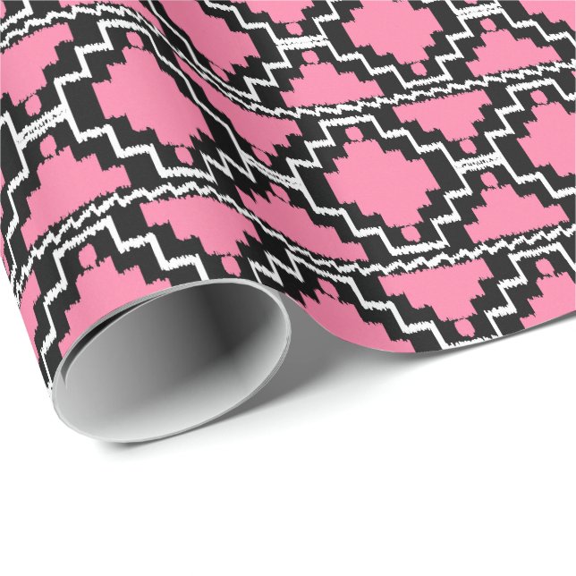 Ikat Aztec Tribal - Fuchsia Pink, Schwarz und Weiß Geschenkpapier (Rolleneckpunkt)