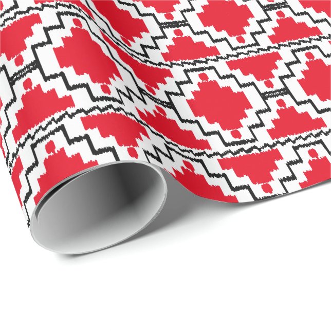 Ikat Aztec Tribal - Rot, Schwarz und Weiß Geschenkpapier (Rolleneckpunkt)