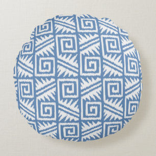 Ikat Aztec Tribal - Sky Blue und White Rundes Kissen